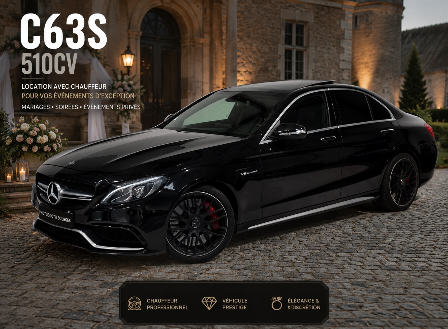 Location Mercedes-Benz C63S avec chauffeur à Bourges pour mariage et événement