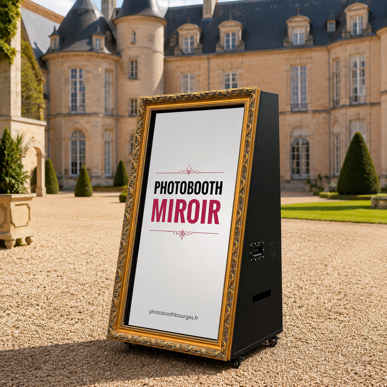 Photobooth Miroir Doré installé derrière un château