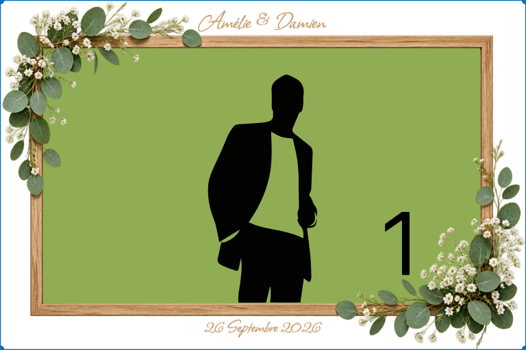 Personnalisation de vos photos photobooth. Cadre de mariage Amélie et Damien : bois et eucalyptus